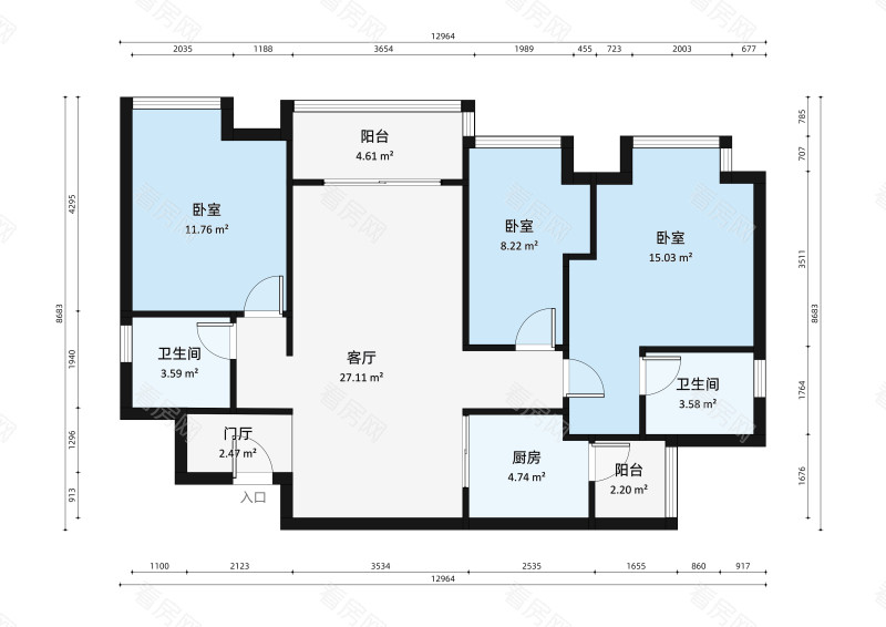 佛山万科广场 3室2厅2卫108㎡_佛山万科广场租房户型图片8
