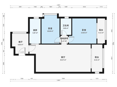 保利紫山国际花园小区2室2厅户型图1