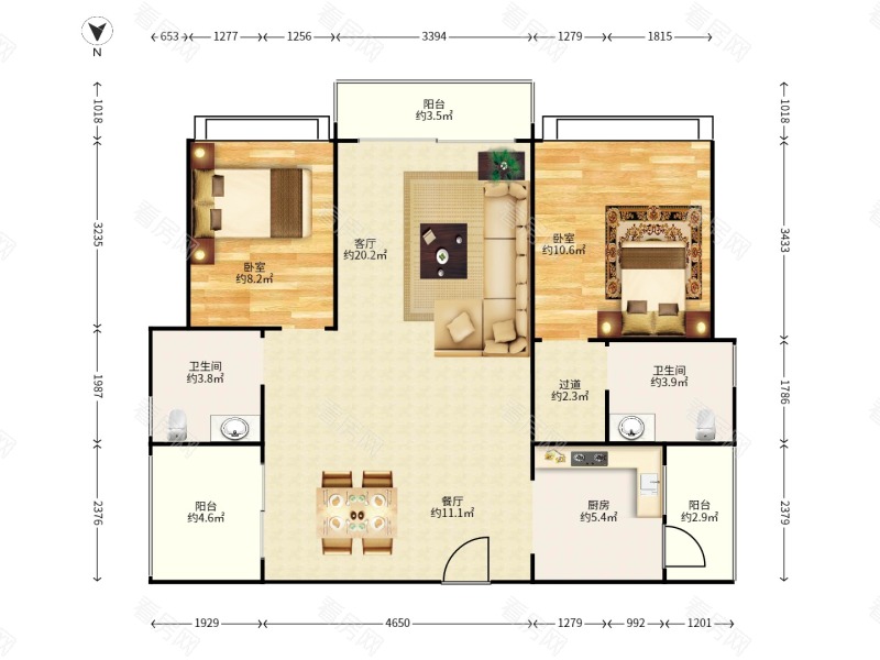 海尚绿洲小区2室2厅2卫户型图6