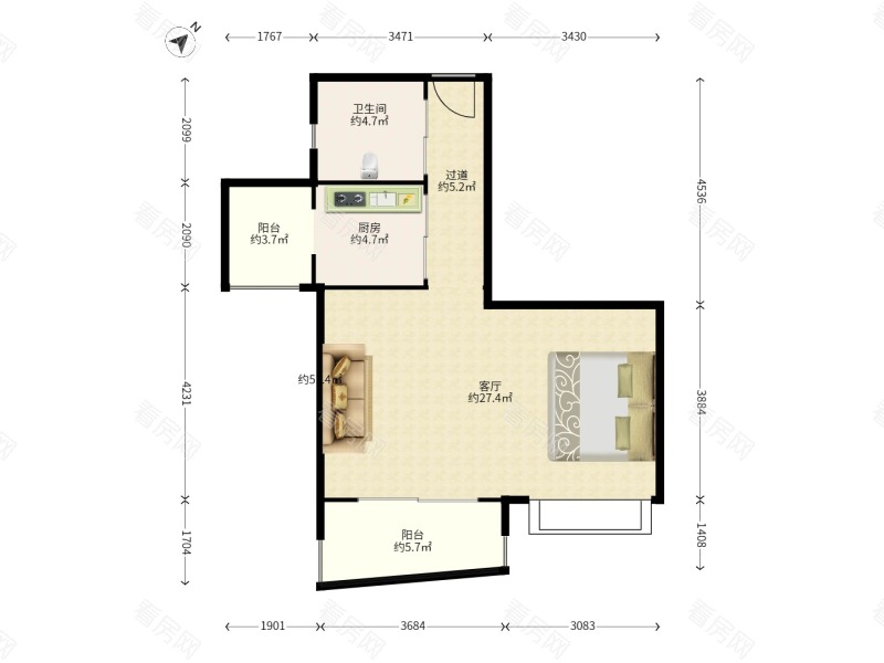 雅居乐悦景园小区1室1厅1卫户型图4