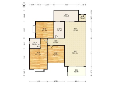 山水一品小区3室2厅2卫户型图1