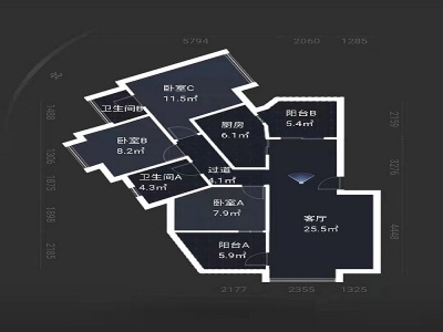 万科四季花城小区3室1厅2卫户型图5