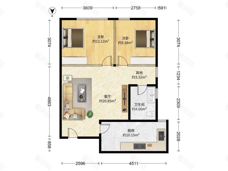 佳宁娜广场 3室1厅 92.5㎡ 精装_佳宁娜广场二手房户型图片6
